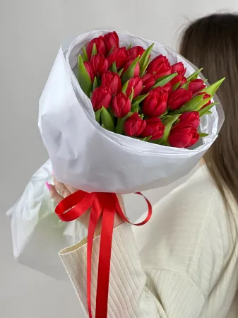 25 красных пионовидных тюльпанов