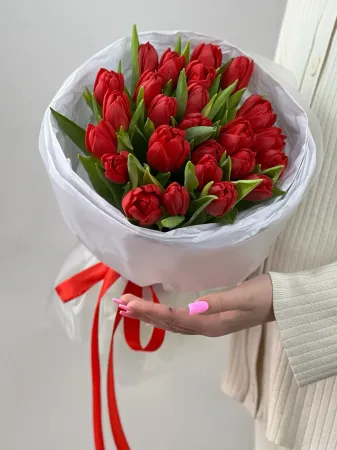 25 красных пионовидных тюльпанов